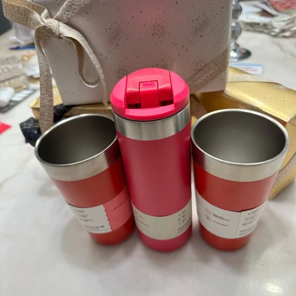 Stanley Cup Target Trio. set of red pint cups and Pink Stanley Transit Bottle
